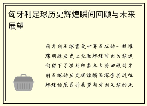 匈牙利足球历史辉煌瞬间回顾与未来展望