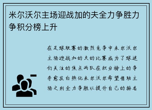 米尔沃尔主场迎战加的夫全力争胜力争积分榜上升