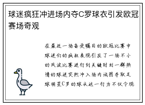 球迷疯狂冲进场内夺C罗球衣引发欧冠赛场奇观