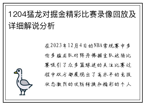 1204猛龙对掘金精彩比赛录像回放及详细解说分析